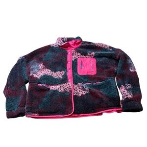 Peloton Fleece Jacket Womens XL Pink Blue Abstract Snap Front Sherpa Coat
